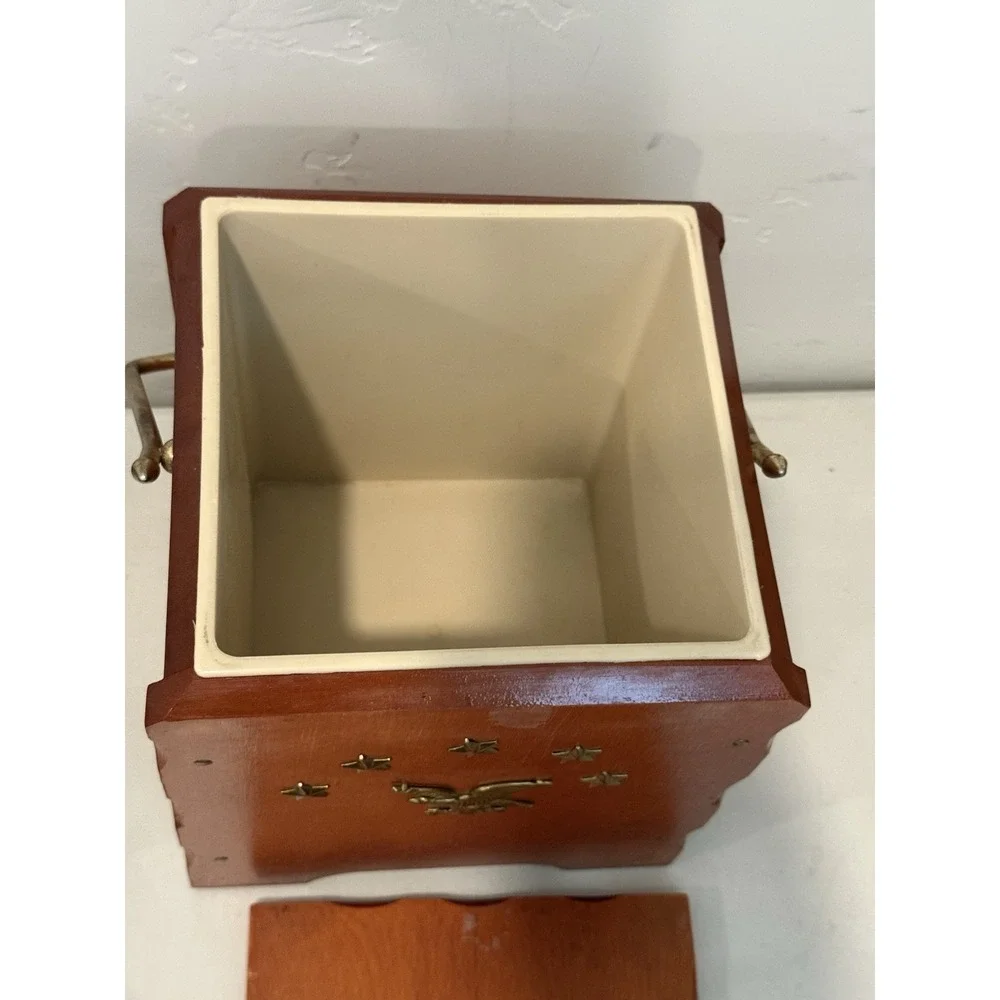 Vintage Wood Ice Bucket with Top Lid Wooden metal handle Eagle Stars Gold Accent